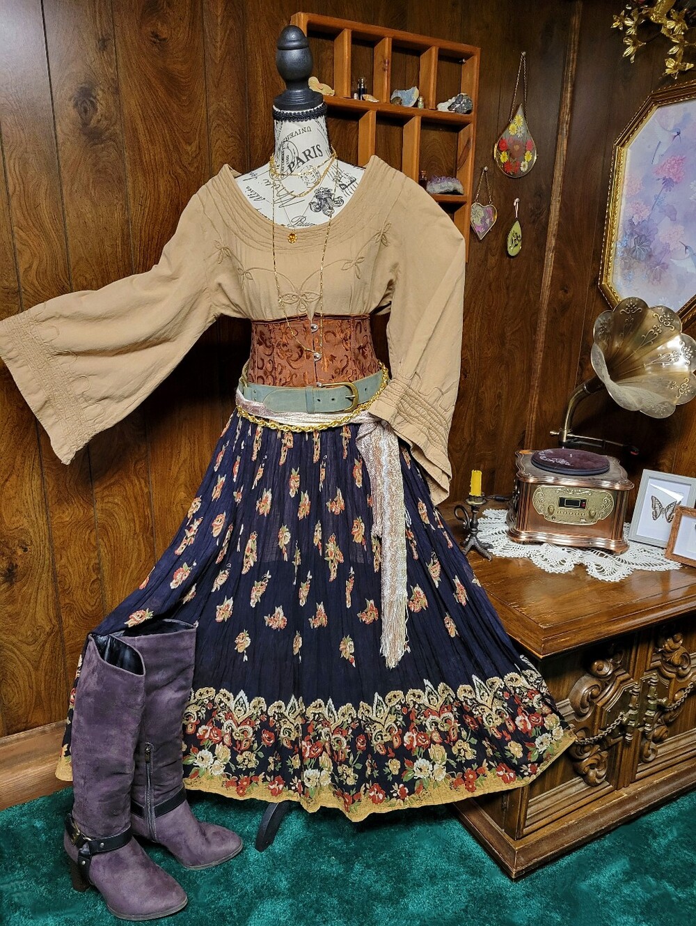 Black Floral 100% Cotton Peasant Skirt Whimsical Fantasy Renaissance DnD Larp